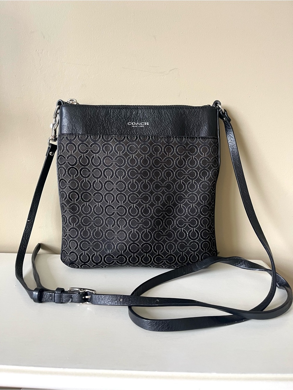 Coach Op Art Patterned Canvas Crossbody Bag with Leather Trim